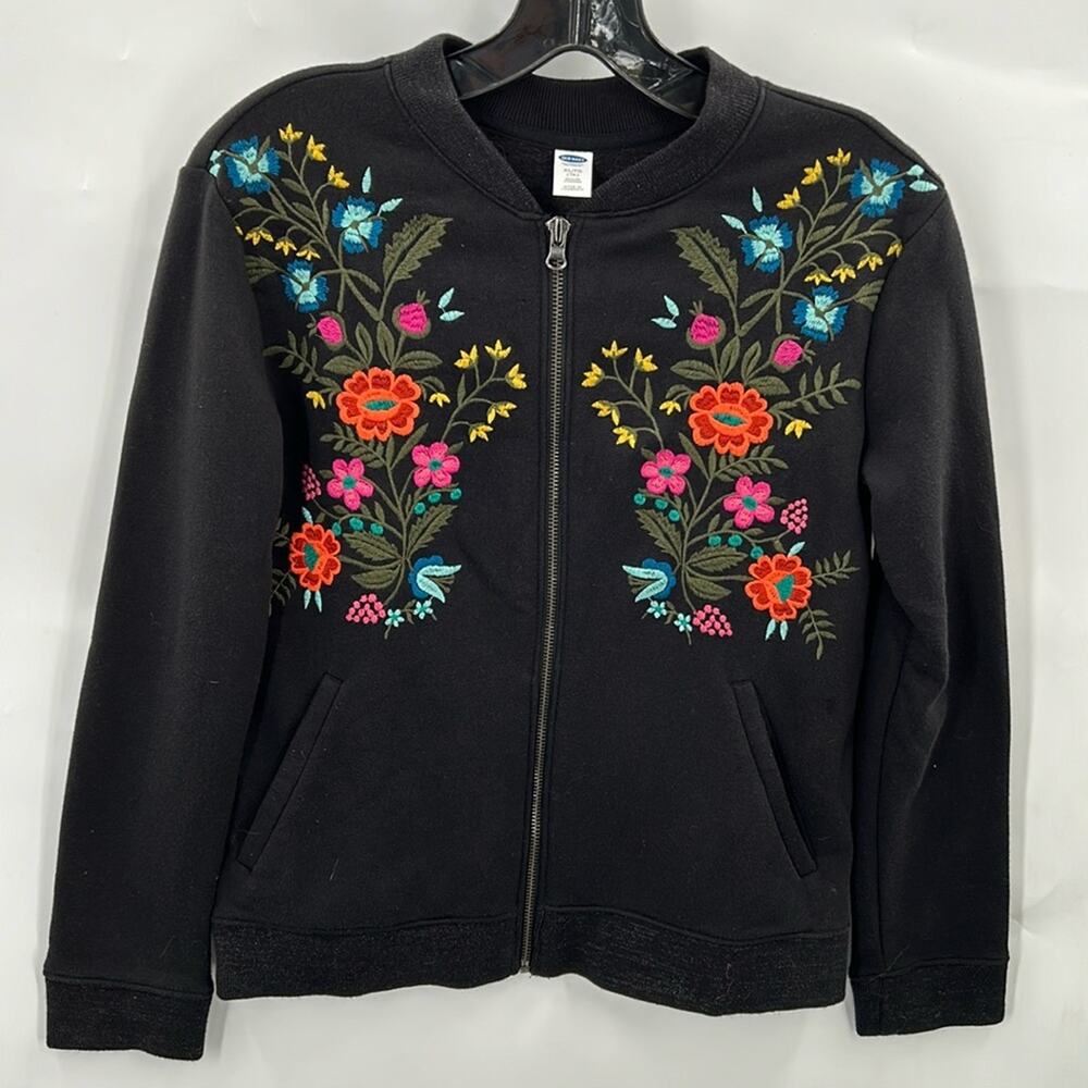 Old Navy Girl's Black Full Zip Sweatshirt Floral Embroidery size 14